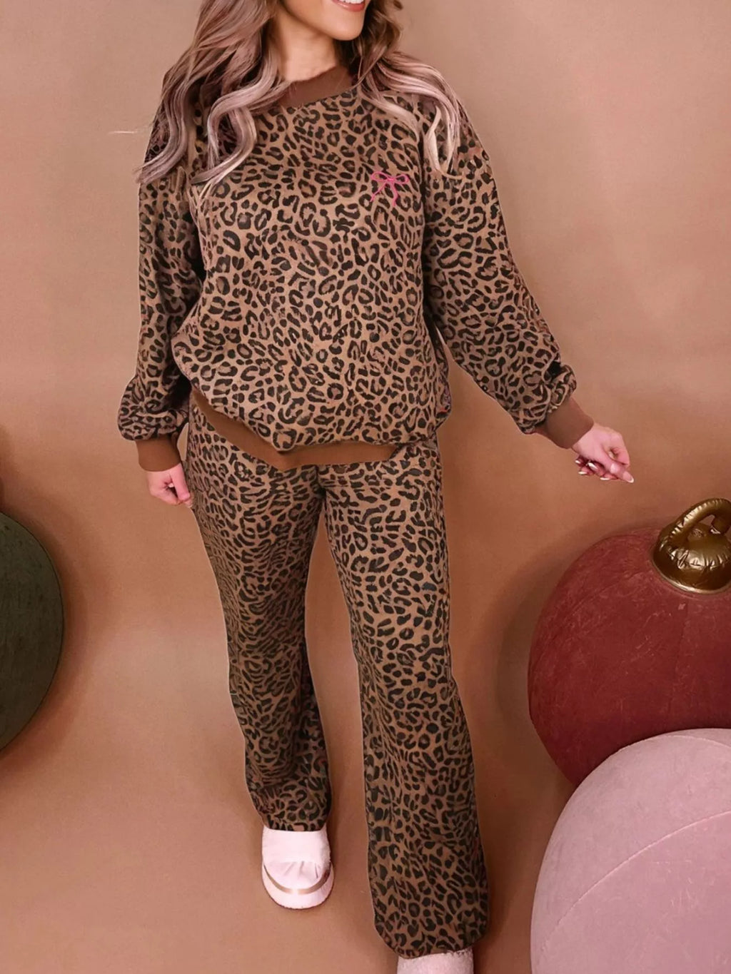Leopard Print Contrast Trim Long Sleeve Top and Pants Set | Outfit Sets Top and Pants Set from PHUNKYN