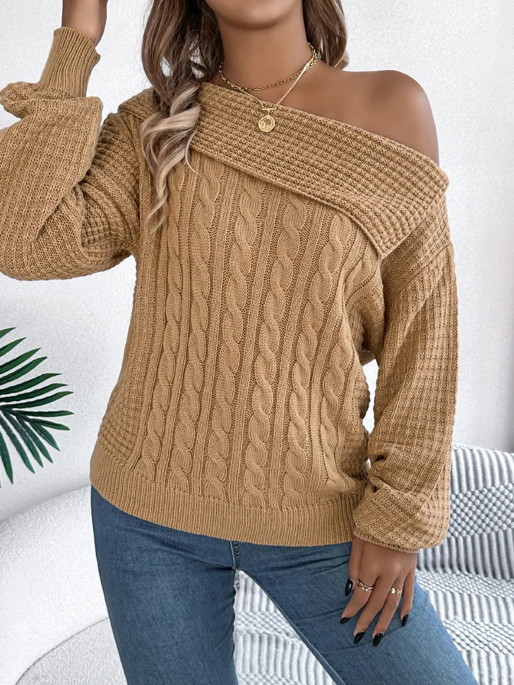Cable-Knit One Shoulder Long Sleeve Sweater | Sweaters Sweater from PHUNKYN
