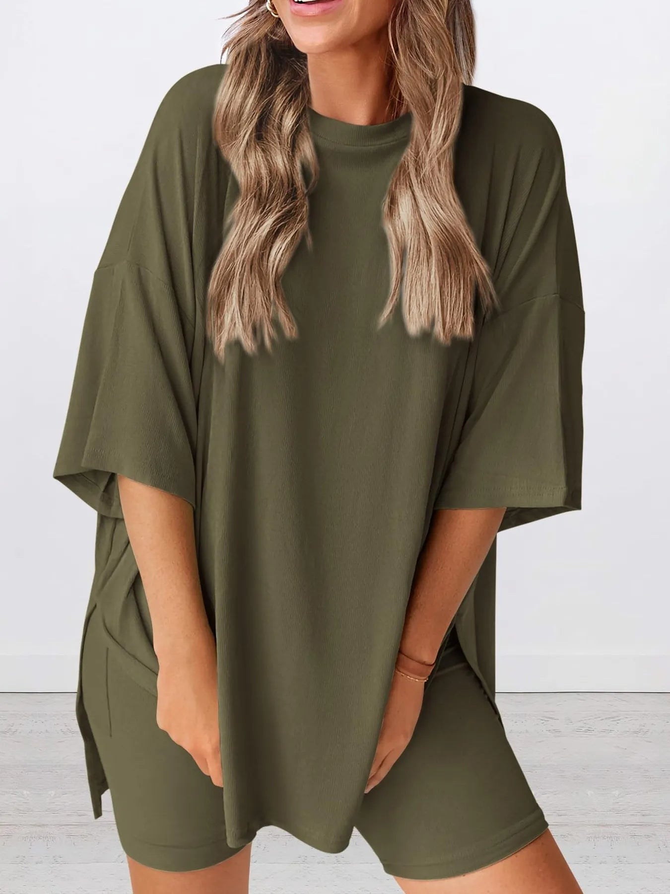 Oversized Slit Round Neck Top and Shorts Lounge Set | Outfit Sets Top and Shorts from PHUNKYN