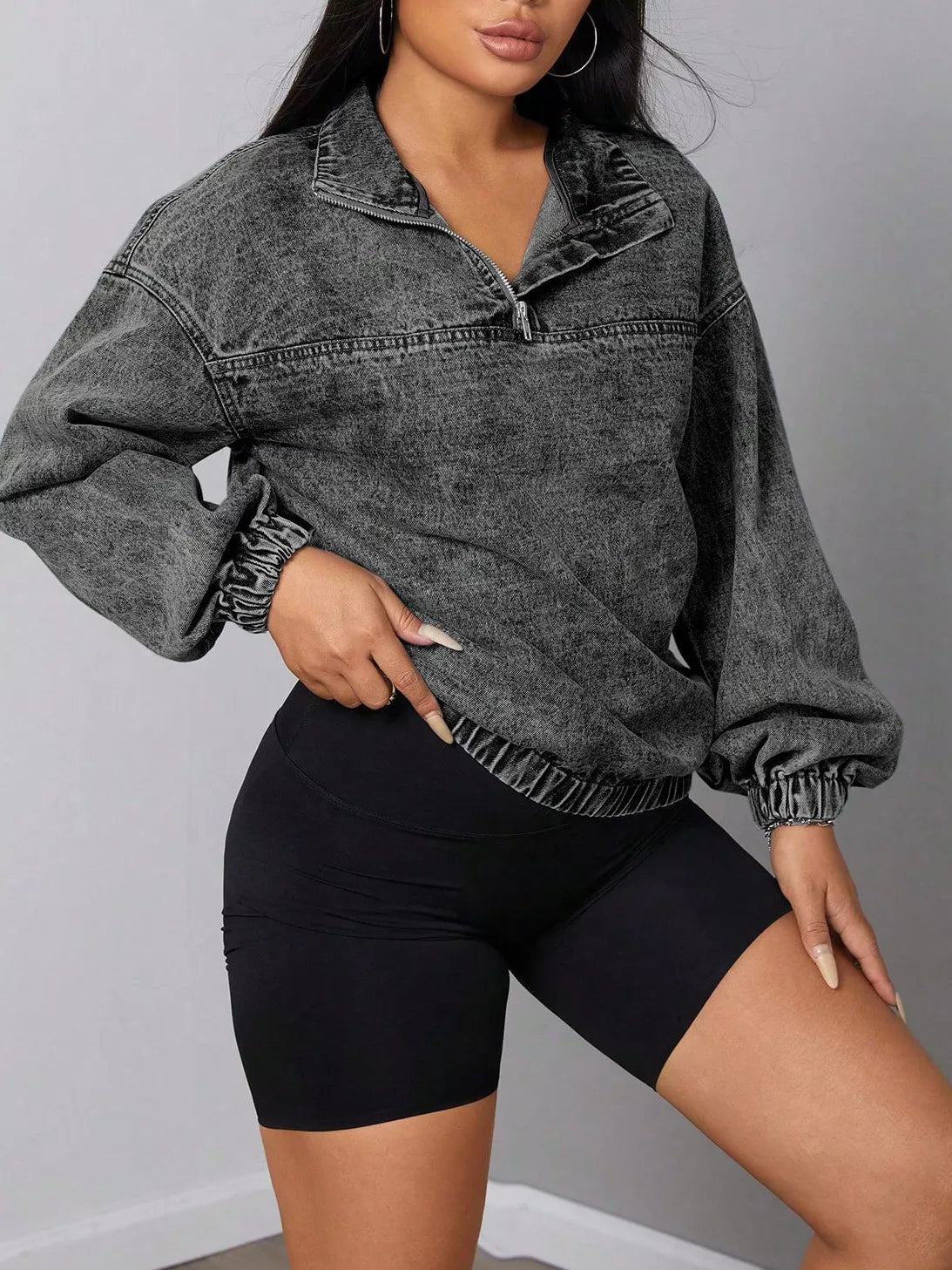Elastic Hem Quarter Zip Denim Top | Shirts Denim Top from PHUNKYN