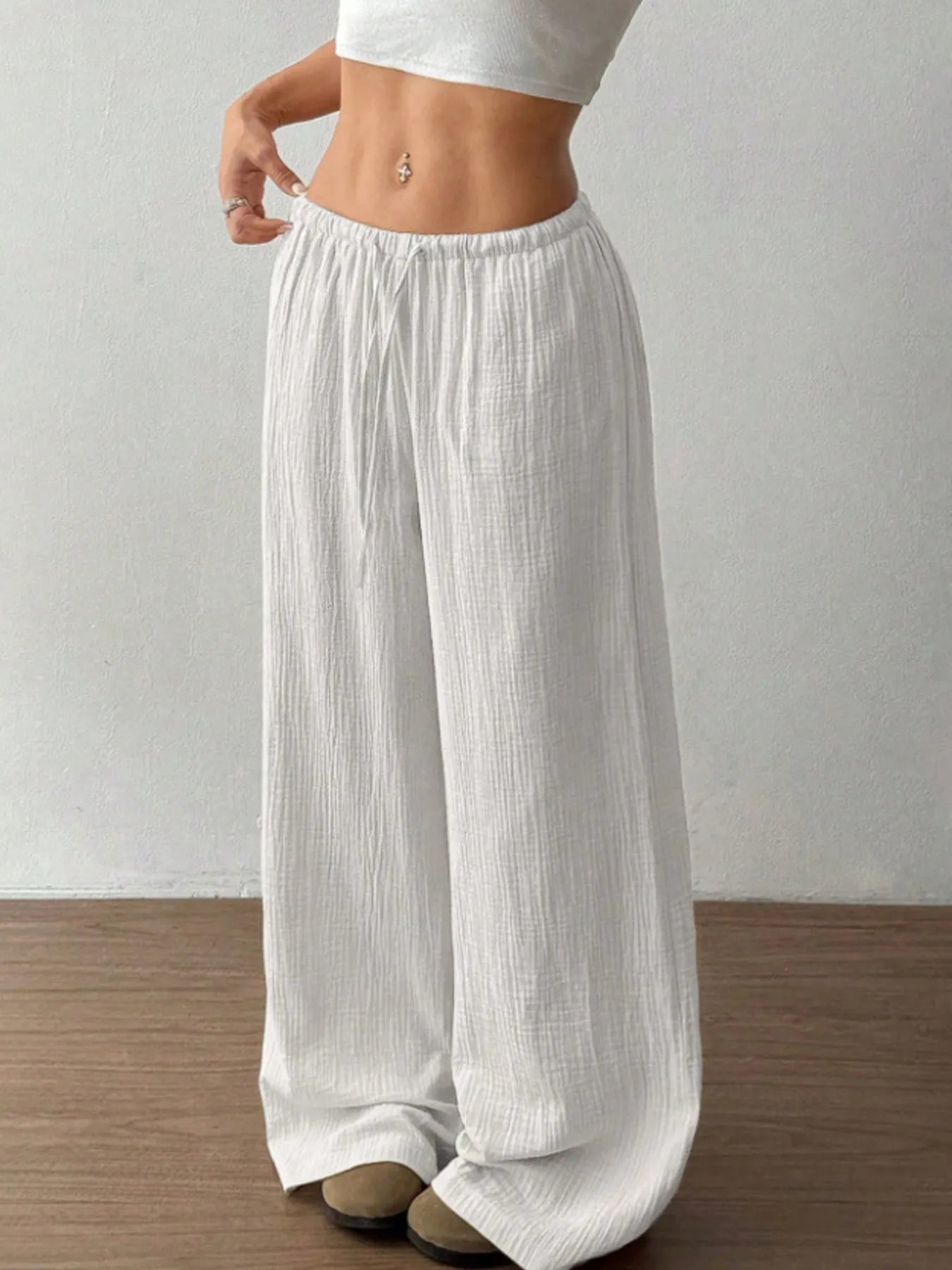 Wide Leg Drawstring Casual Pants | Trousers Wide Leg Pants Set from PHUNKYN