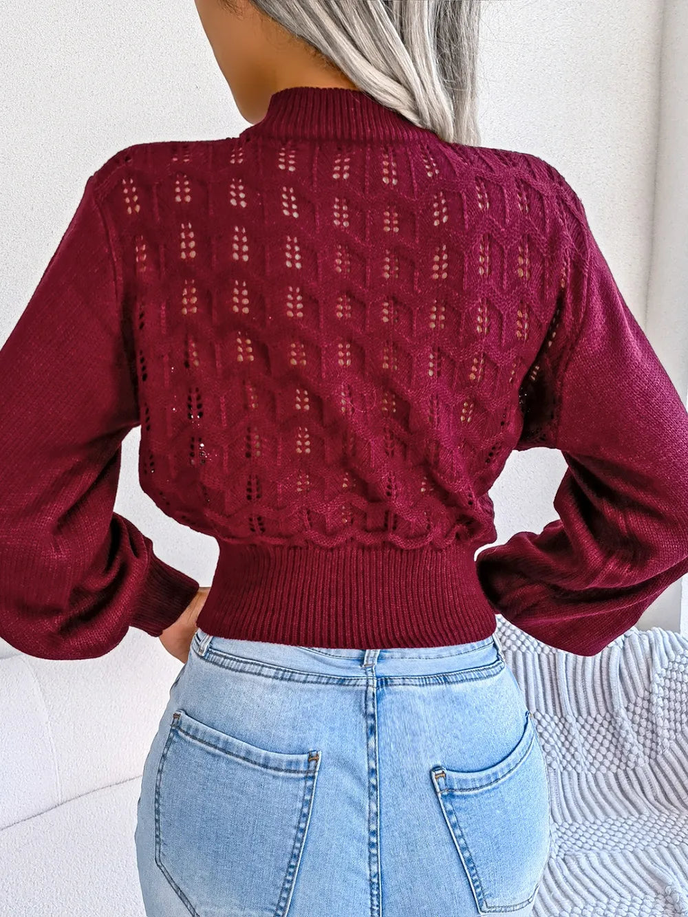 Openwork Mock Neck Long Sleeve Cropped Sweater | Sweaters Sweater from PHUNKYN