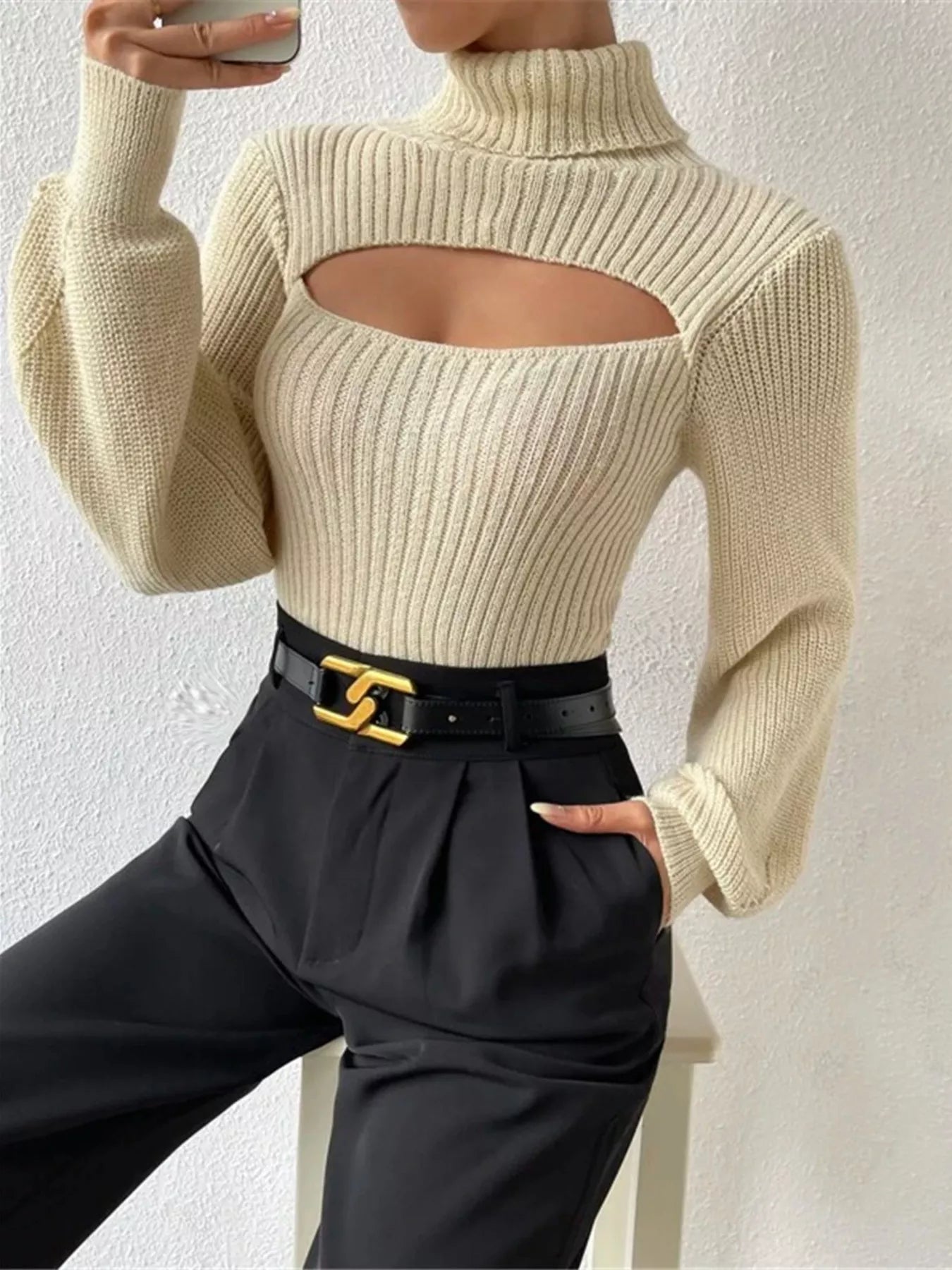 Cutout Front Turtleneck Long Sleeve Sweater | Sweaters Sweater from PHUNKYN