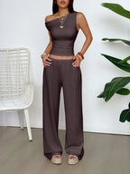 One Shoulder Top and Wide Leg Pants Set | Outfit Sets Top and Pants Set from PHUNKYN