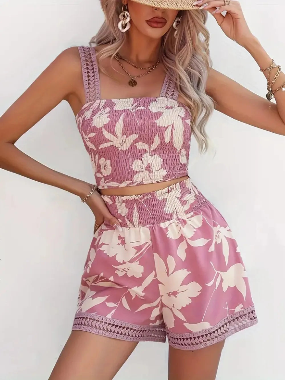 Smocked Printed Square Neck Top and Shorts Set | Outfit Sets Top and shorts from PHUNKYN