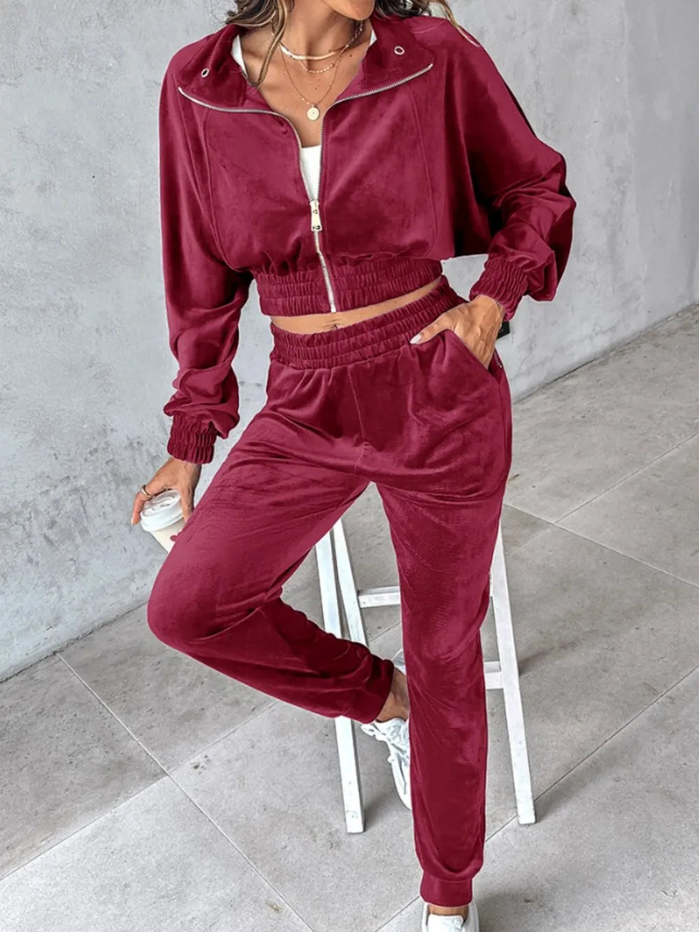 Zip Up Long Sleeve Cropped Top and Joggers Set | Outfit Sets Top and Pants Set from PHUNKYN