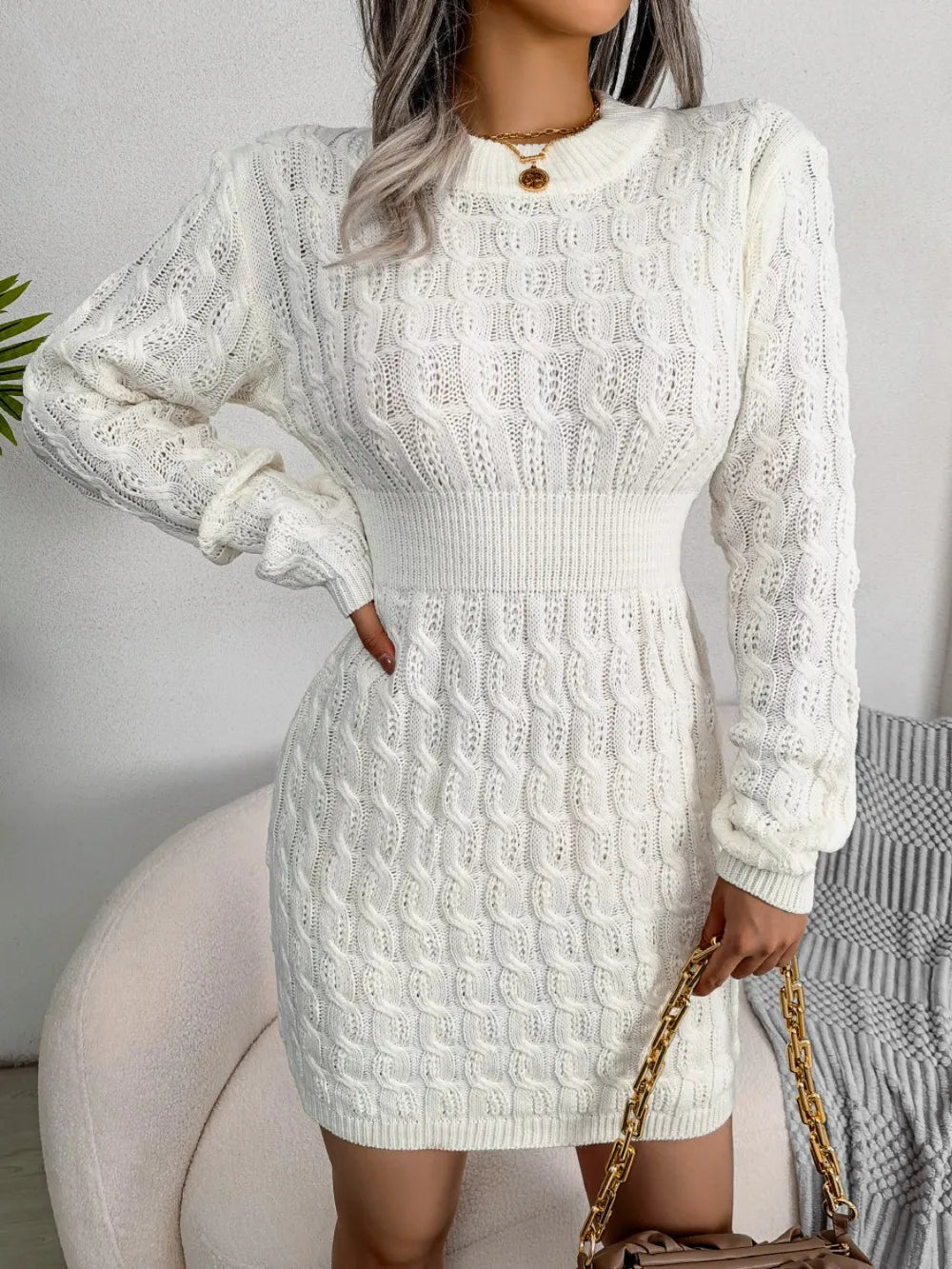 Cable-Knit Round Neck Mini Wrap Sweater Dress | Dresses Sweater Dress from PHUNKYN