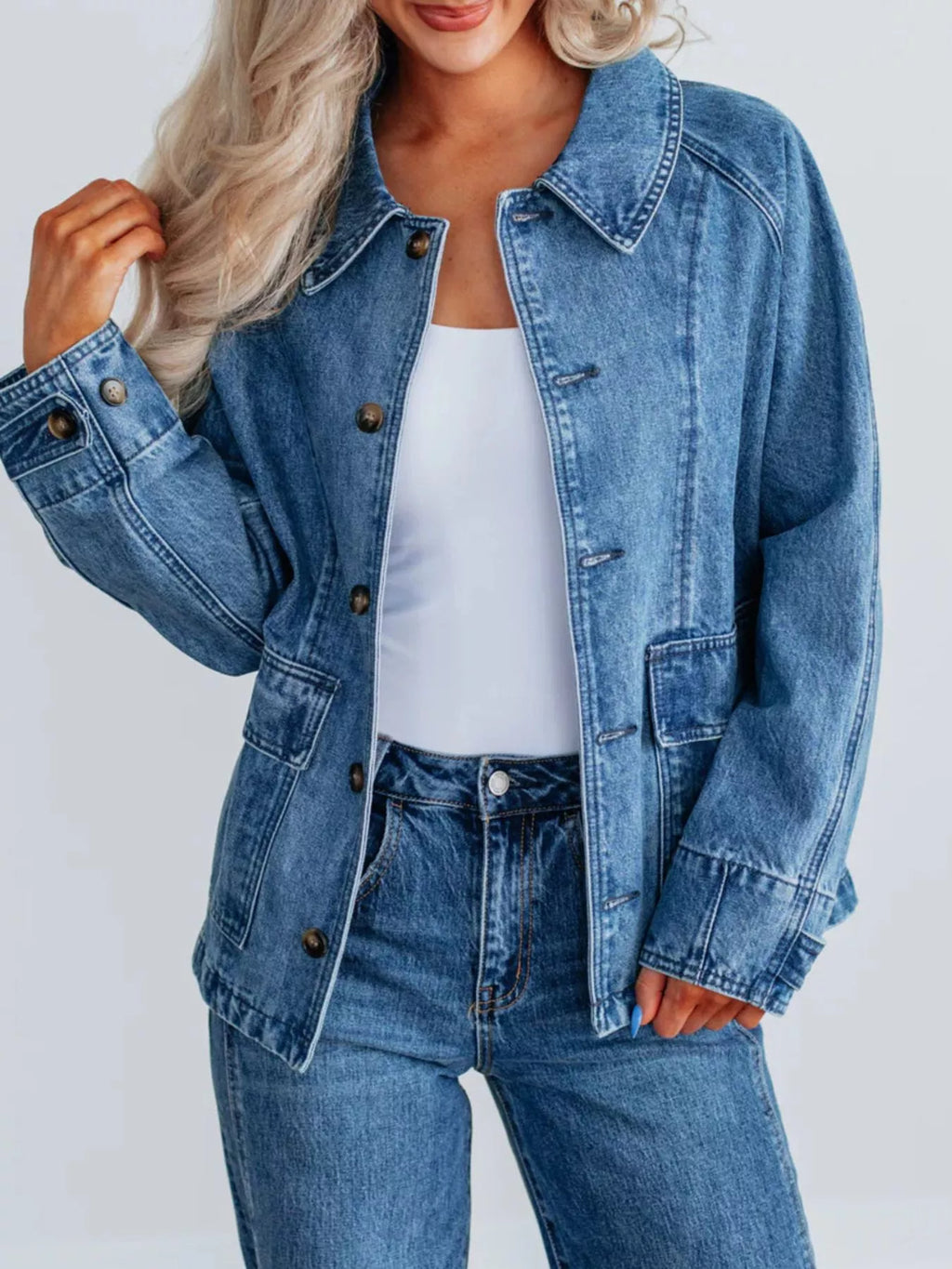 Button Up Raglan Sleeve Denim Jacket | Coats & Jackets Denim Jacket from PHUNKYN