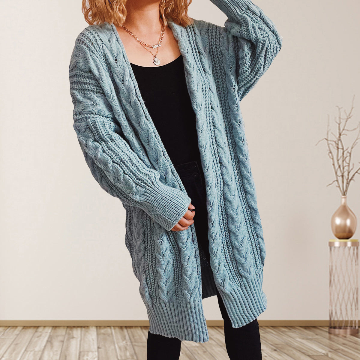Cable-Knit Open Front Dropped Shoulder Cardigan | Cardigans Cardigan from PHUNKYN