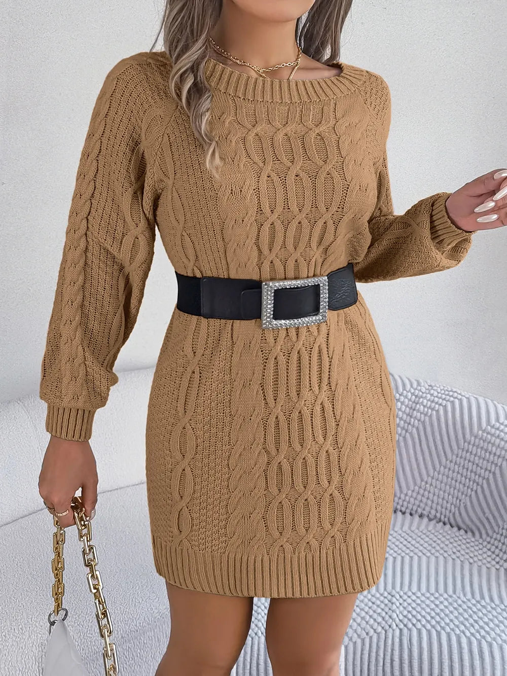 Cable-Knit Round Neck Sweater Dress | Dresses Sweater Dress from PHUNKYN