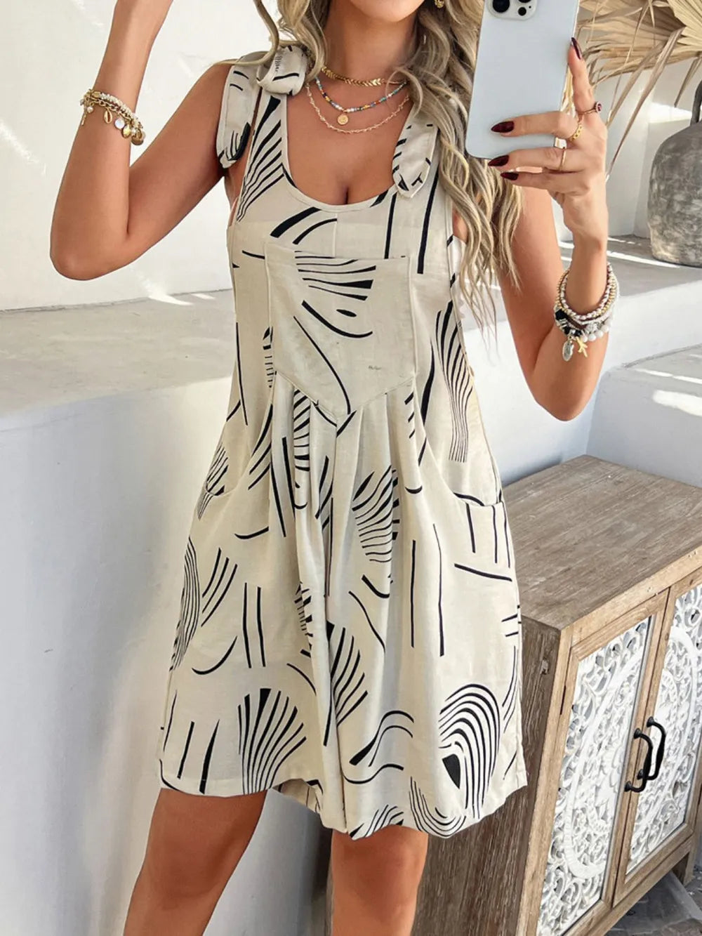 Printed Tie Shoulder Overalls with Pockets | One-Pieces Romper from PHUNKYN