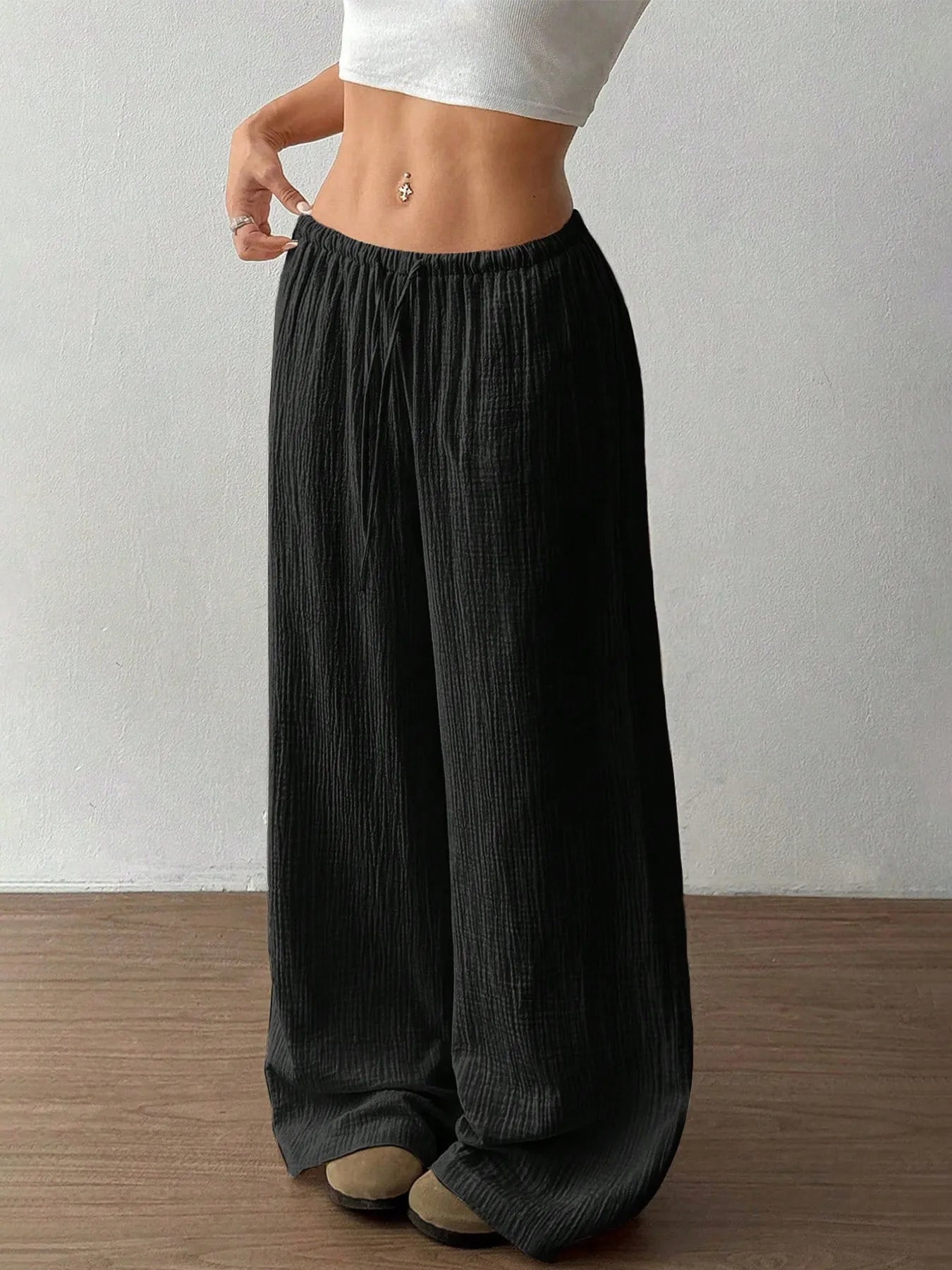 Drawstring Wide-Leg Casual Pants | Trousers Wide Leg Pants from PHUNKYN