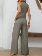 V-Neck Button Down Vest and Wide Leg Pants Set | Outfit Sets Top and Pants Set from PHUNKYN