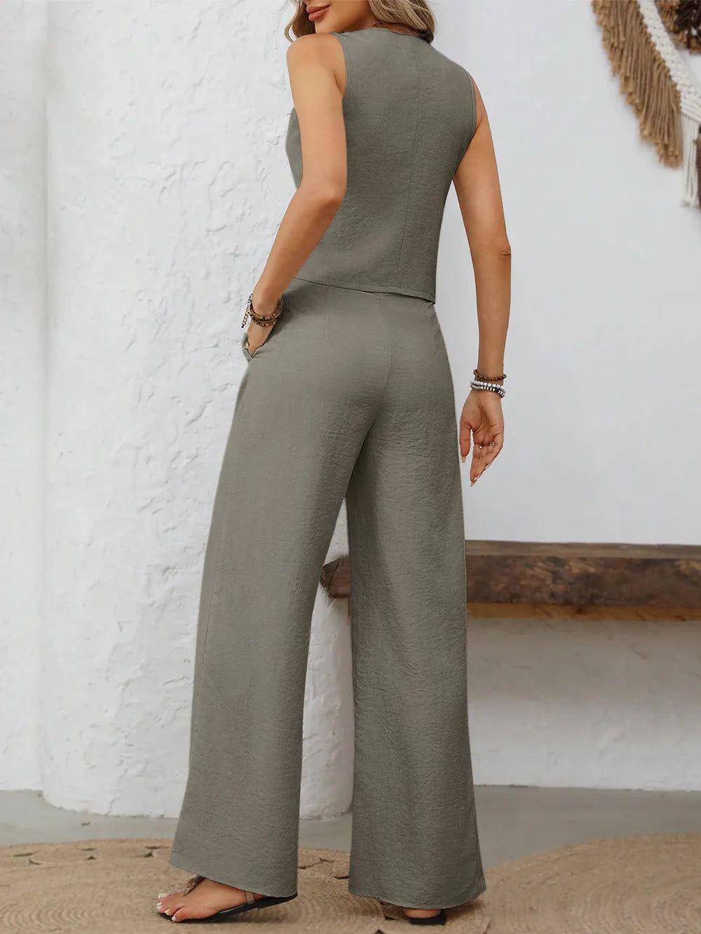 V-Neck Button Down Vest and Wide Leg Pants Set | Outfit Sets Top and Pants Set from PHUNKYN