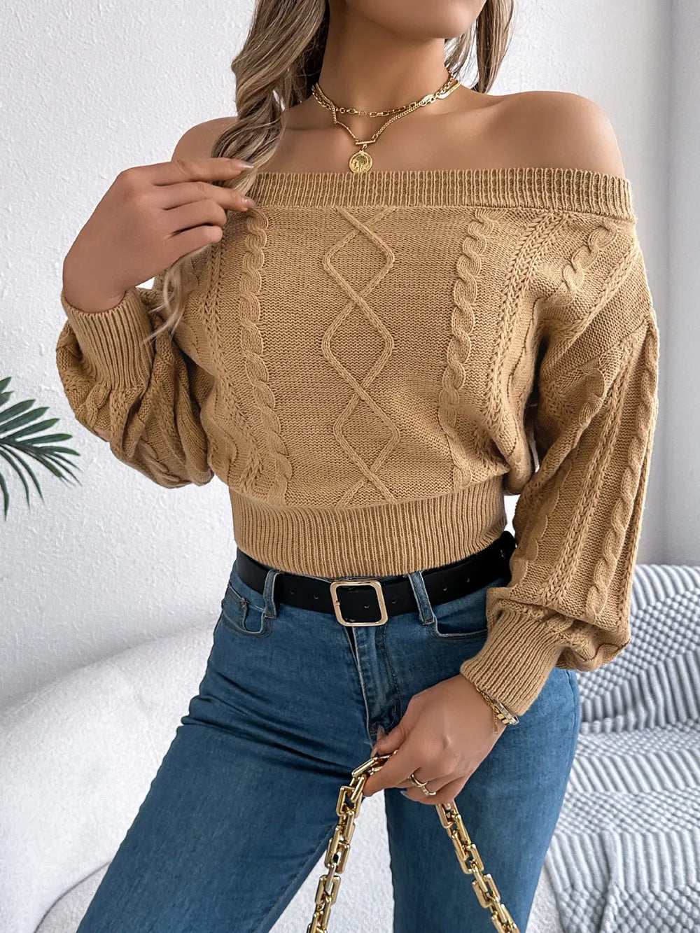Cable Knit Off-Shoulder Long Sleeve Sweater | Sweaters Sweater from PHUNKYN