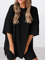 Oversized Slit Round Neck Top and Shorts Lounge Set | Outfit Sets Top and Shorts from PHUNKYN
