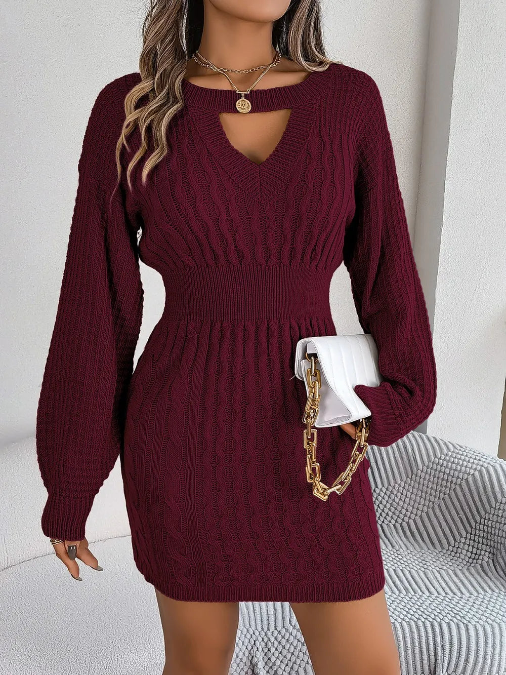 Cable-Knit Cutout Round Neck Slit Sweater Dress | Dresses Sweater Dress from PHUNKYN
