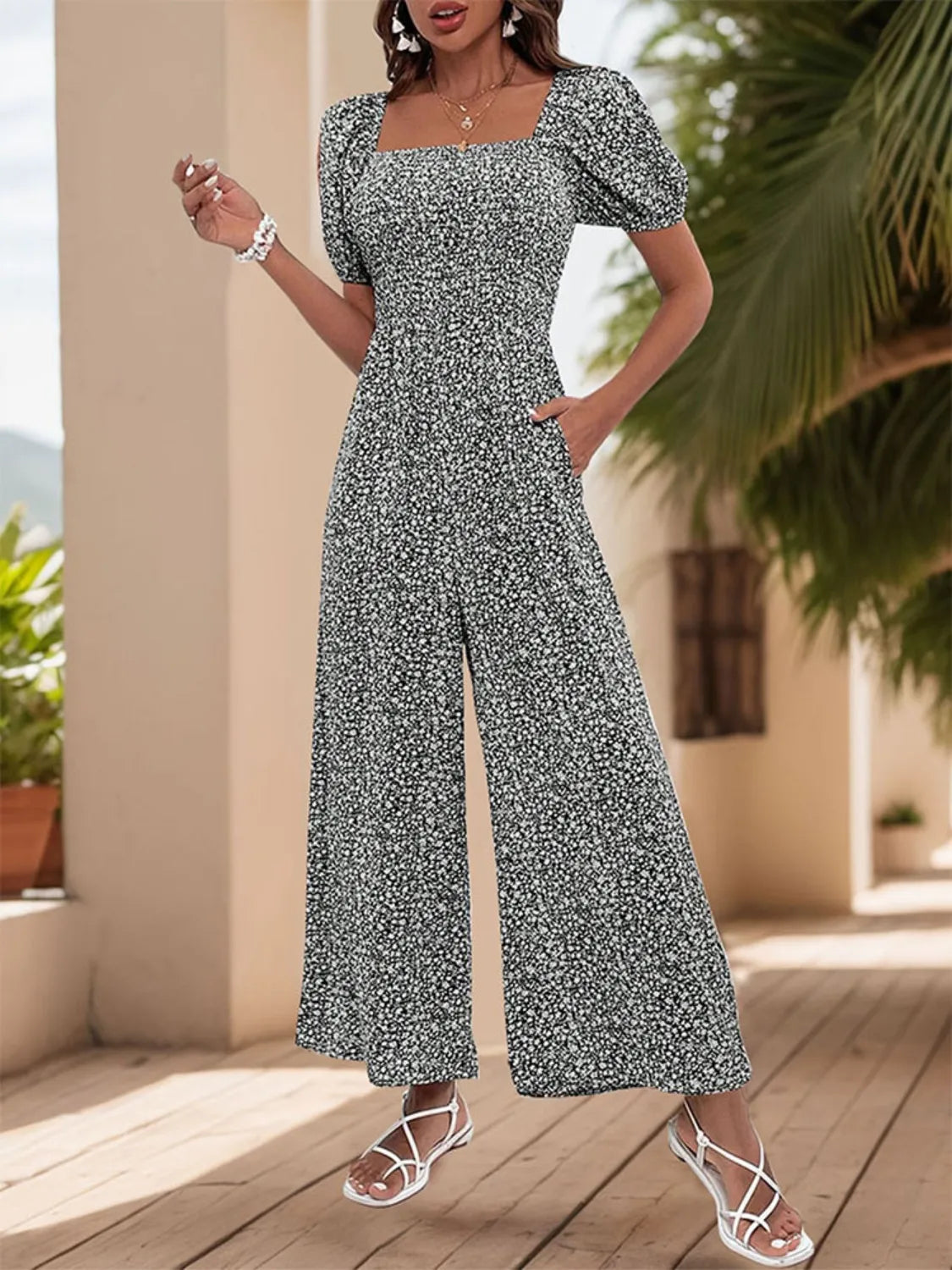 Printed Square Neck Puff Sleeve Jumpsuit | One-Pieces Jumpsuit from PHUNKYN
