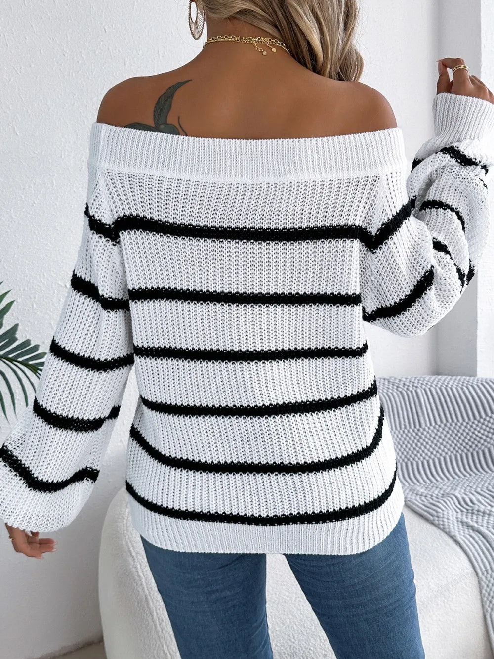 Striped Off-Shoulder Long Sleeve Sweater | Sweaters Sweater from PHUNKYN