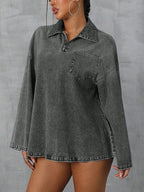 Collared Neck Drop Shoulder Denim Top | Shirts Denim Top from PHUNKYN