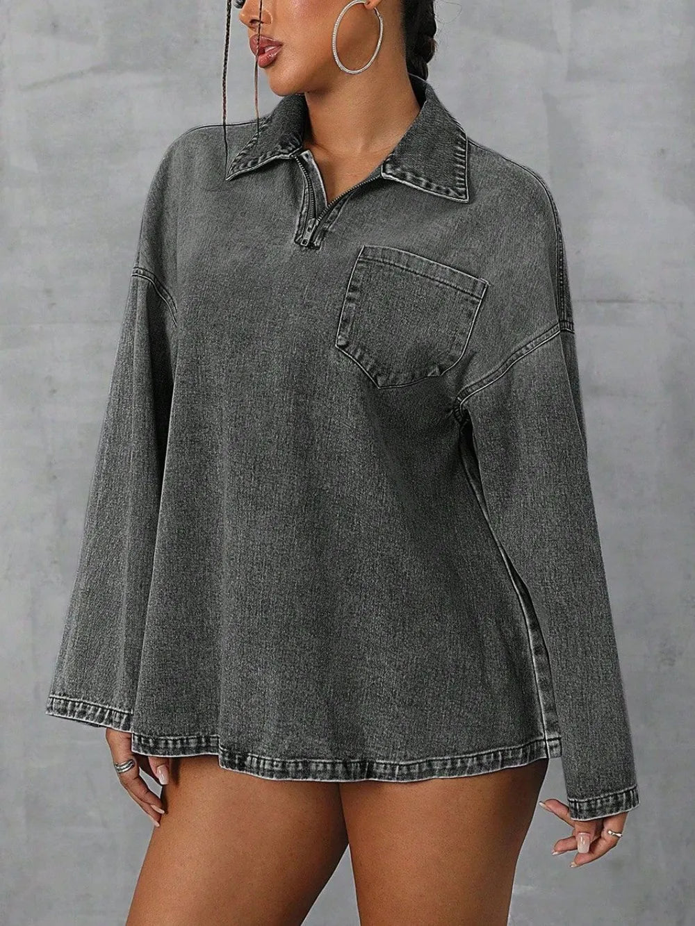 Collared Neck Drop Shoulder Denim Top | Shirts Denim Top from PHUNKYN