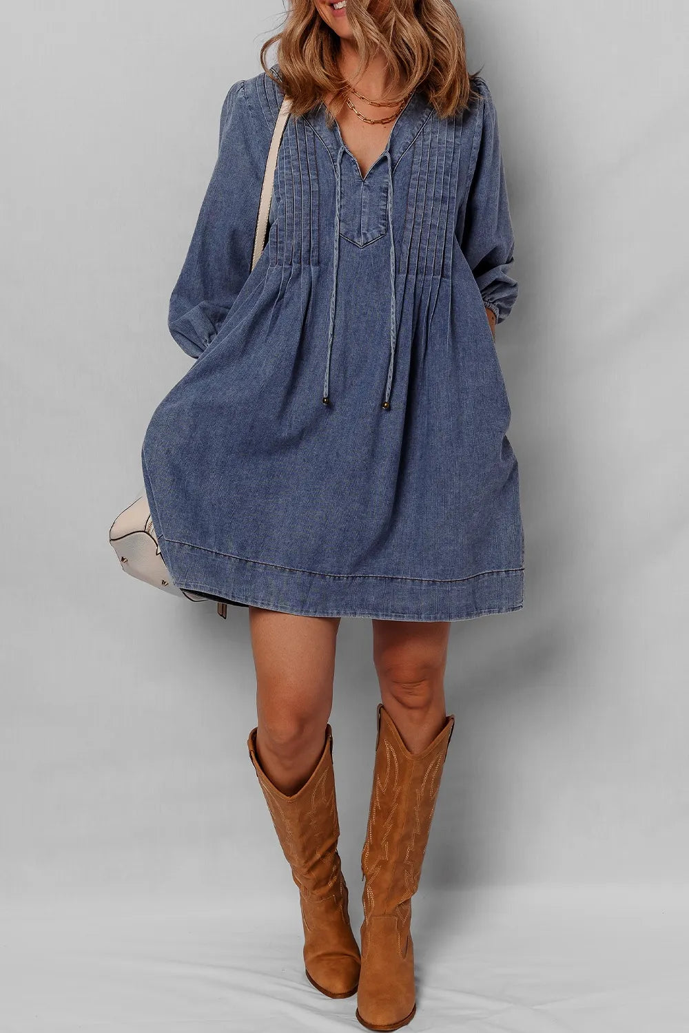Tie Neck Long Sleeve Mini Denim Dress | Dresses Denim Dress from PHUNKYN