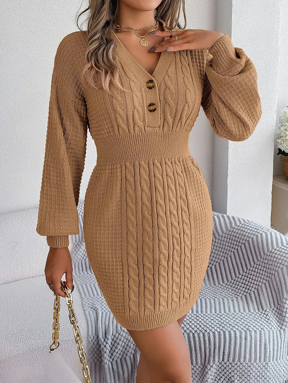 Buttoned Cable-Knit V-Neck Sweater Dress | Dresses Sweater Dress from PHUNKYN