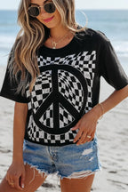 Checkered Peace Sign Round Neck T-Shirt | T-Shirts T-Shirt from PHUNKYN