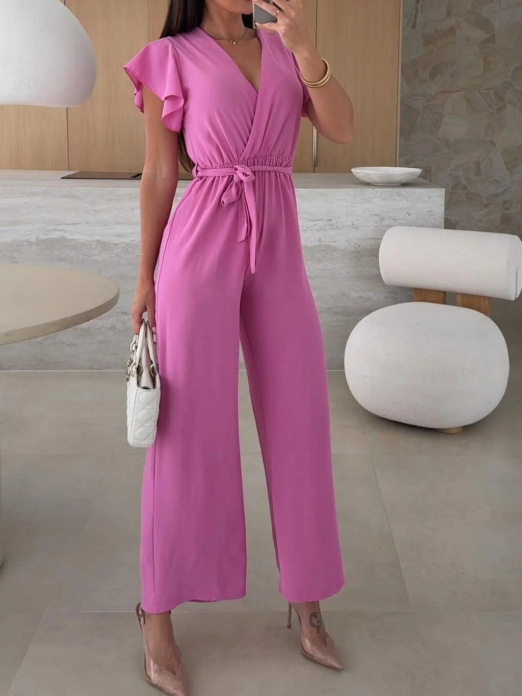 Surplice Wide Leg Belted Jumpsuit One-Pieces Jumpsuit PHUNKYN
