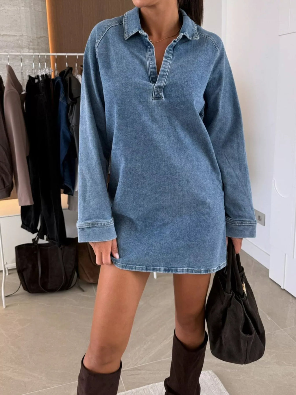 Collared Neck Long Sleeve Denim Dress | Dresses Denim Dress from PHUNKYN
