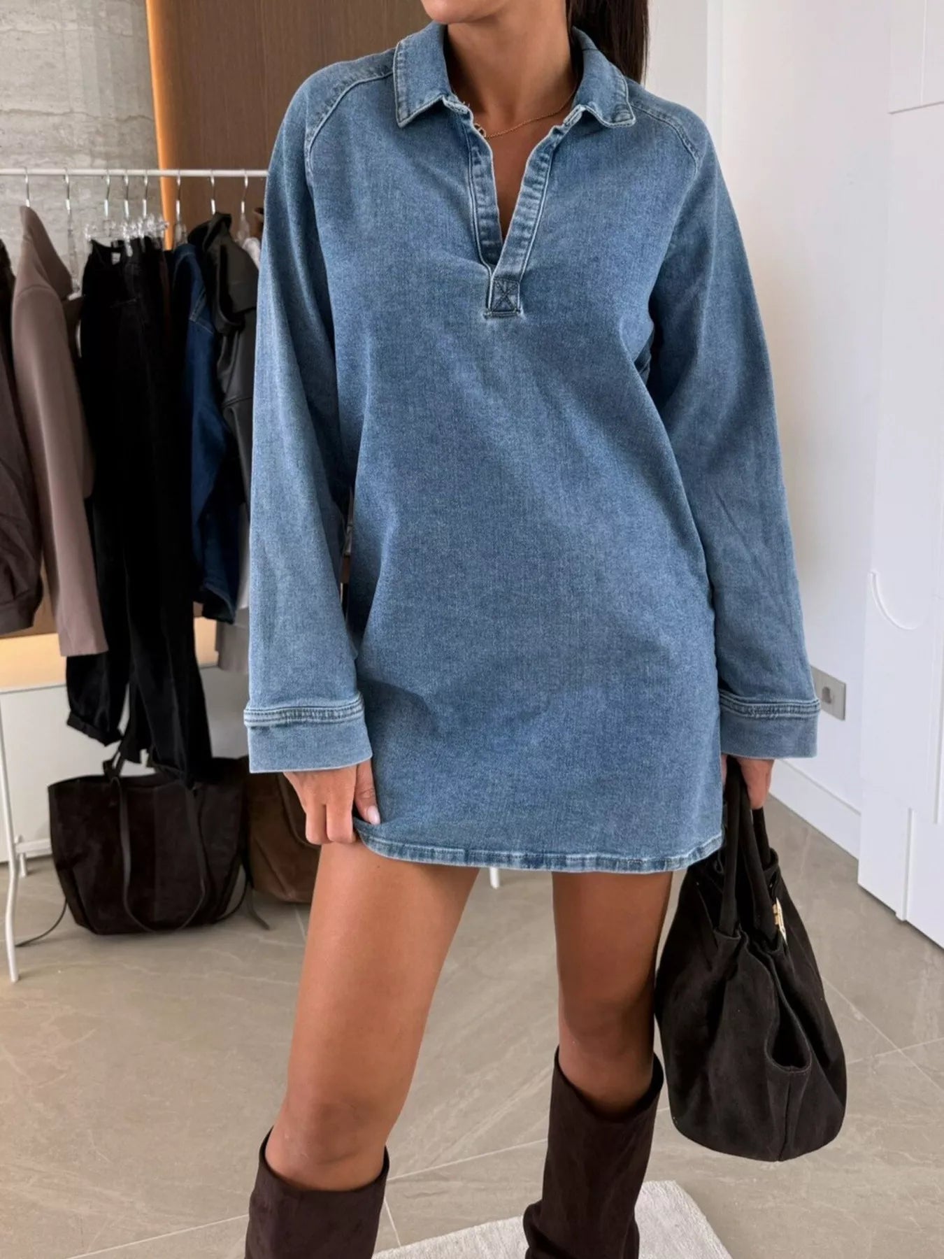 Collared Neck Long Sleeve Denim Dress | Dresses Denim Dress from PHUNKYN