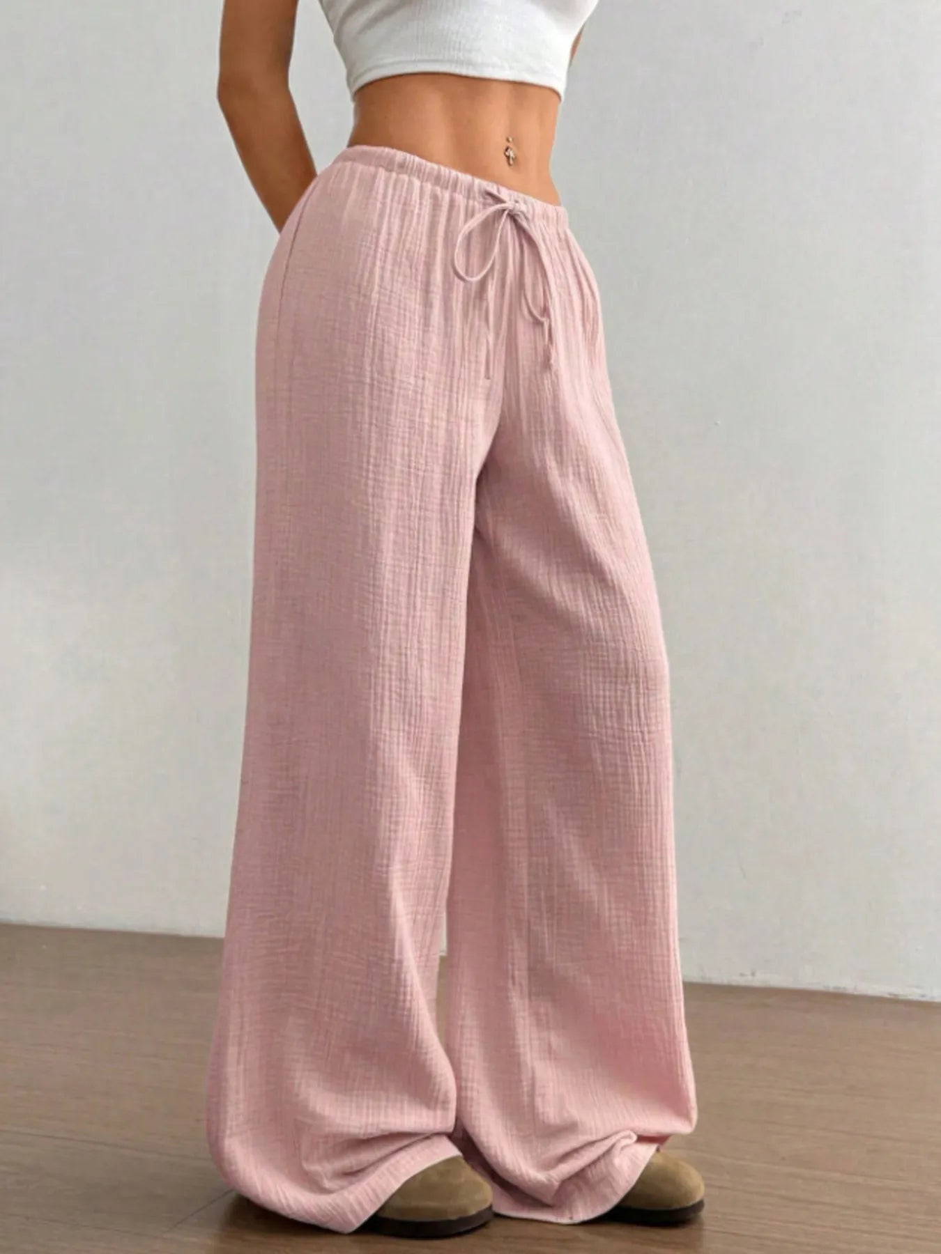 Wide Leg Drawstring Casual Pants | Trousers Wide Leg Pants Set from PHUNKYN