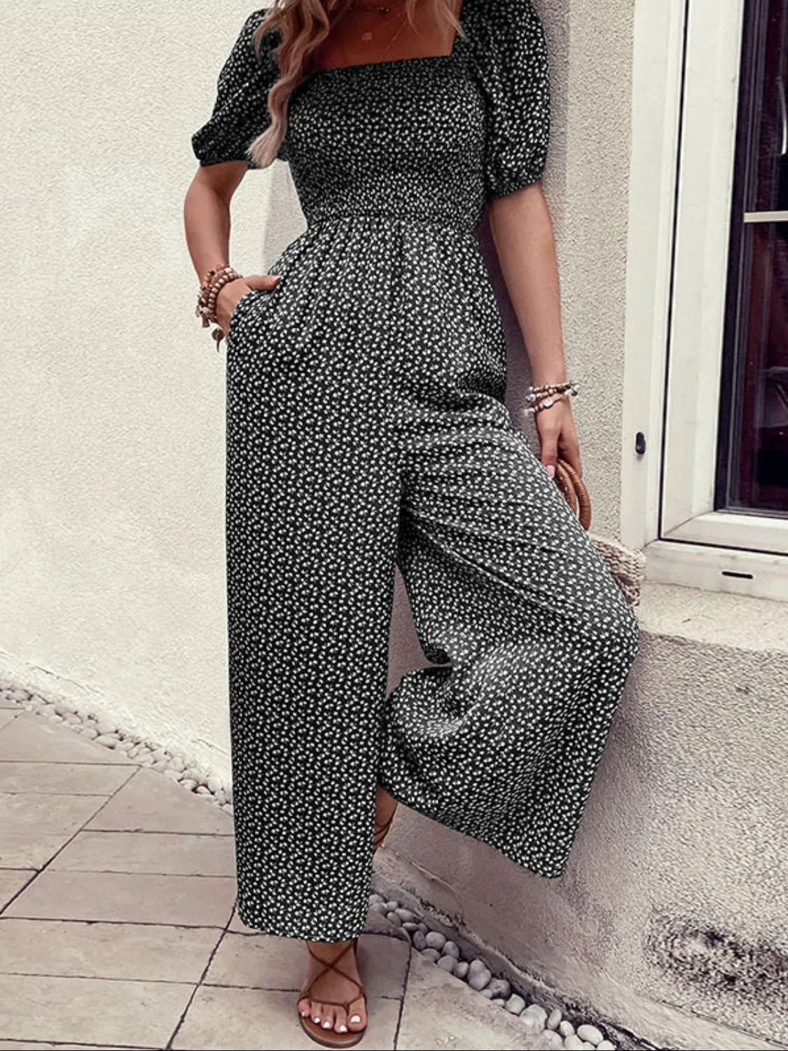 Printed Square Neck Puff Sleeve Jumpsuit | One-Pieces Jumpsuit from PHUNKYN