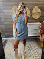 V-Neck Short Sleeve Denim Dress | Dresses Denim Dress from PHUNKYN