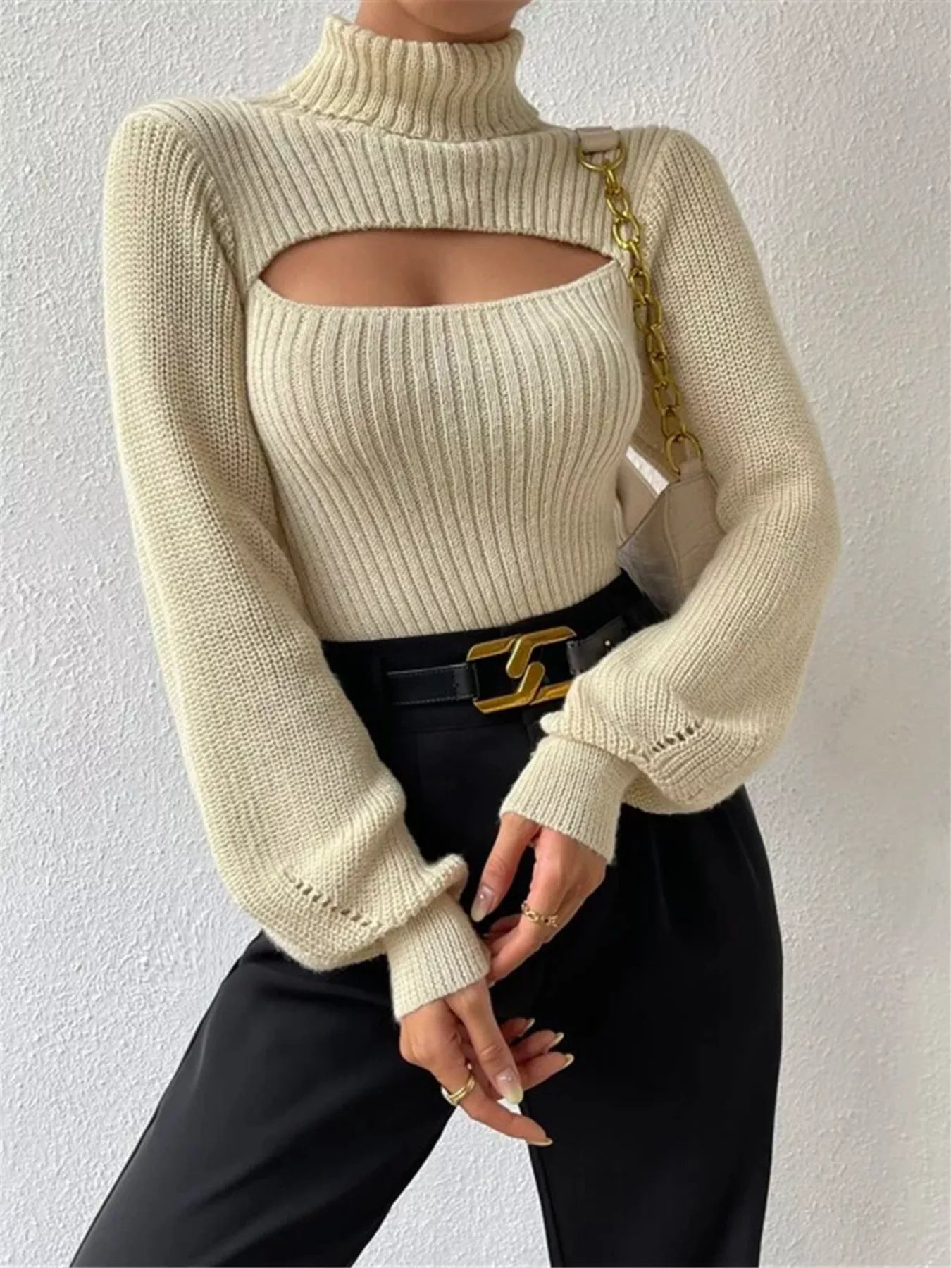 Cutout Front Turtleneck Long Sleeve Sweater | Sweaters Sweater from PHUNKYN
