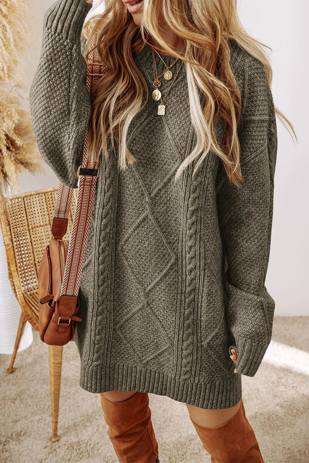 Cable-Knit Round Neck Sweater Dress | Dresses Sweater Dress from PHUNKYN