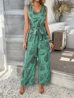 Devine Printed Round Neck Sleeveless Tie Waist Jumpsuit | One-Pieces Jumpsuit from PHUNKYN