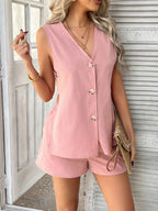 Devine Button Down V-Neck Tank and Shorts Set | Outfit Sets Top and Pants Set from PHUNKYN