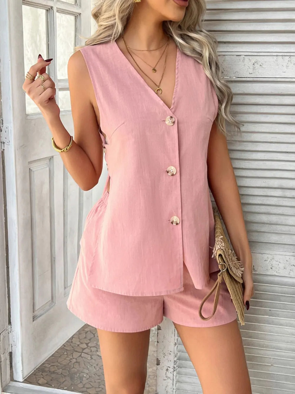 Devine Button Down V-Neck Tank and Shorts Set | Outfit Sets Top and Pants Set from PHUNKYN