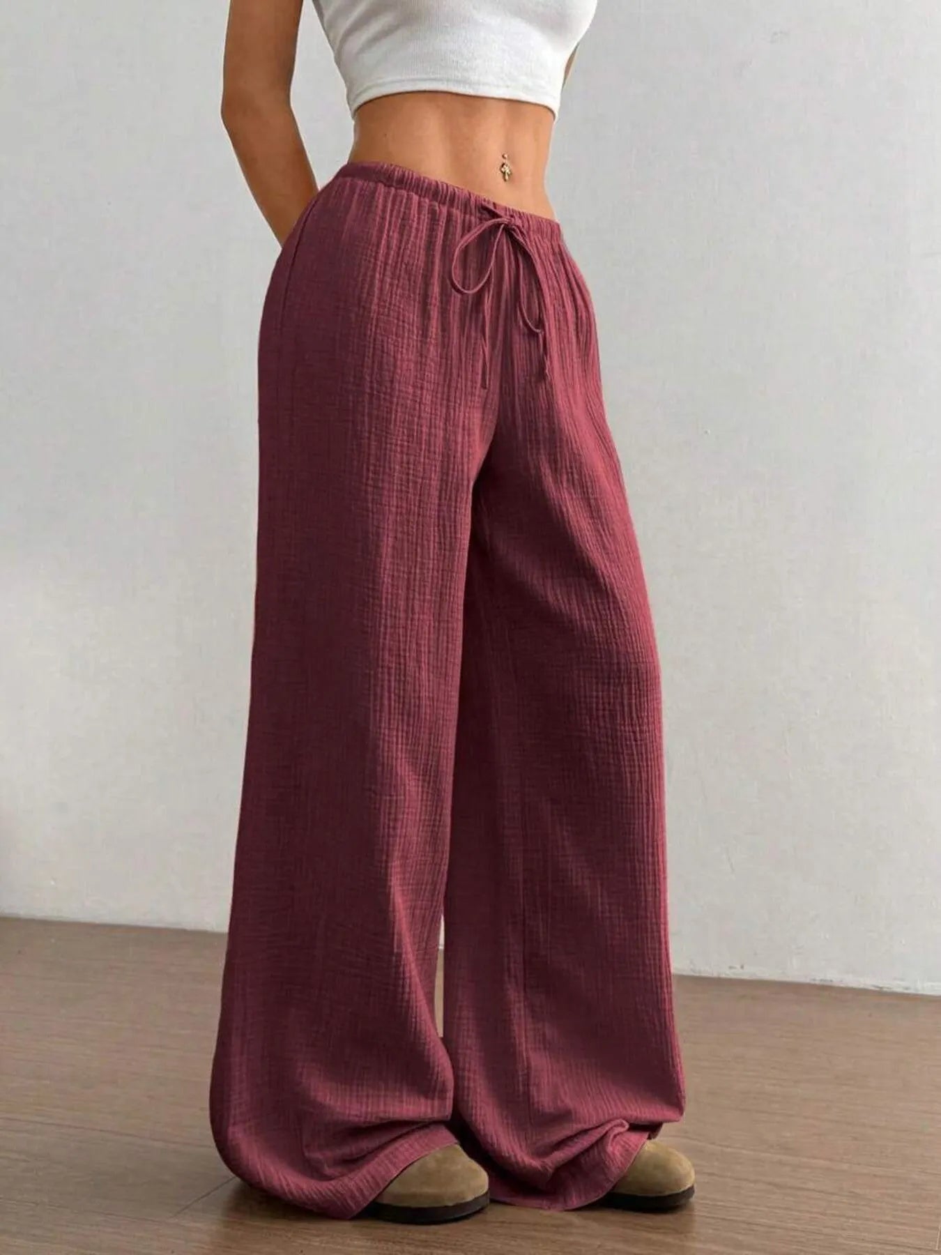 Wide Leg Drawstring Casual Pants | Trousers Wide Leg Pants Set from PHUNKYN