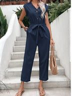 Button-Front Tie Waist Jumpsuit One-Pieces Jumpsuit PHUNKYN