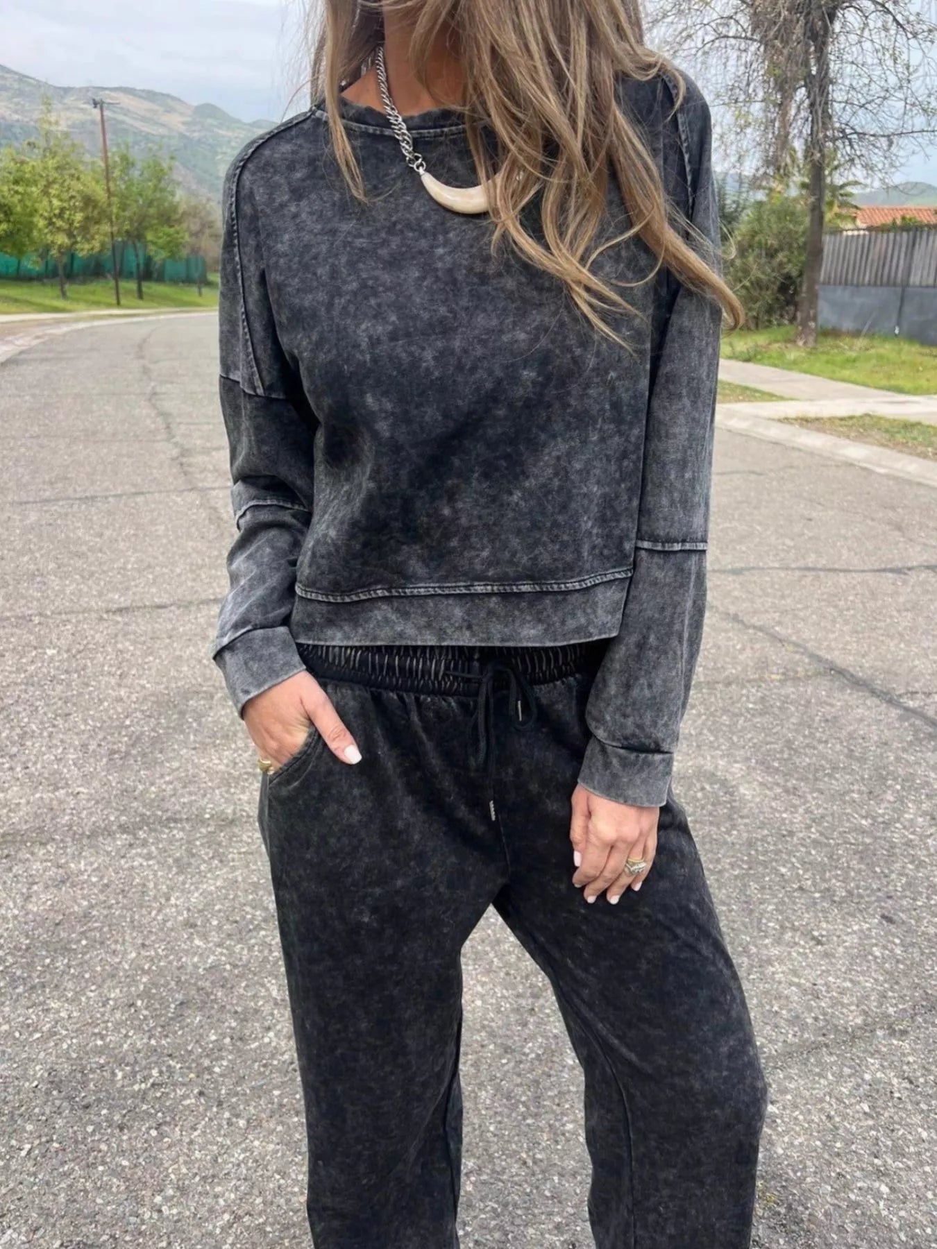 Washed Round Neck Top and Drawstring Pants Set | Top and Pants Set from PHUNKYN