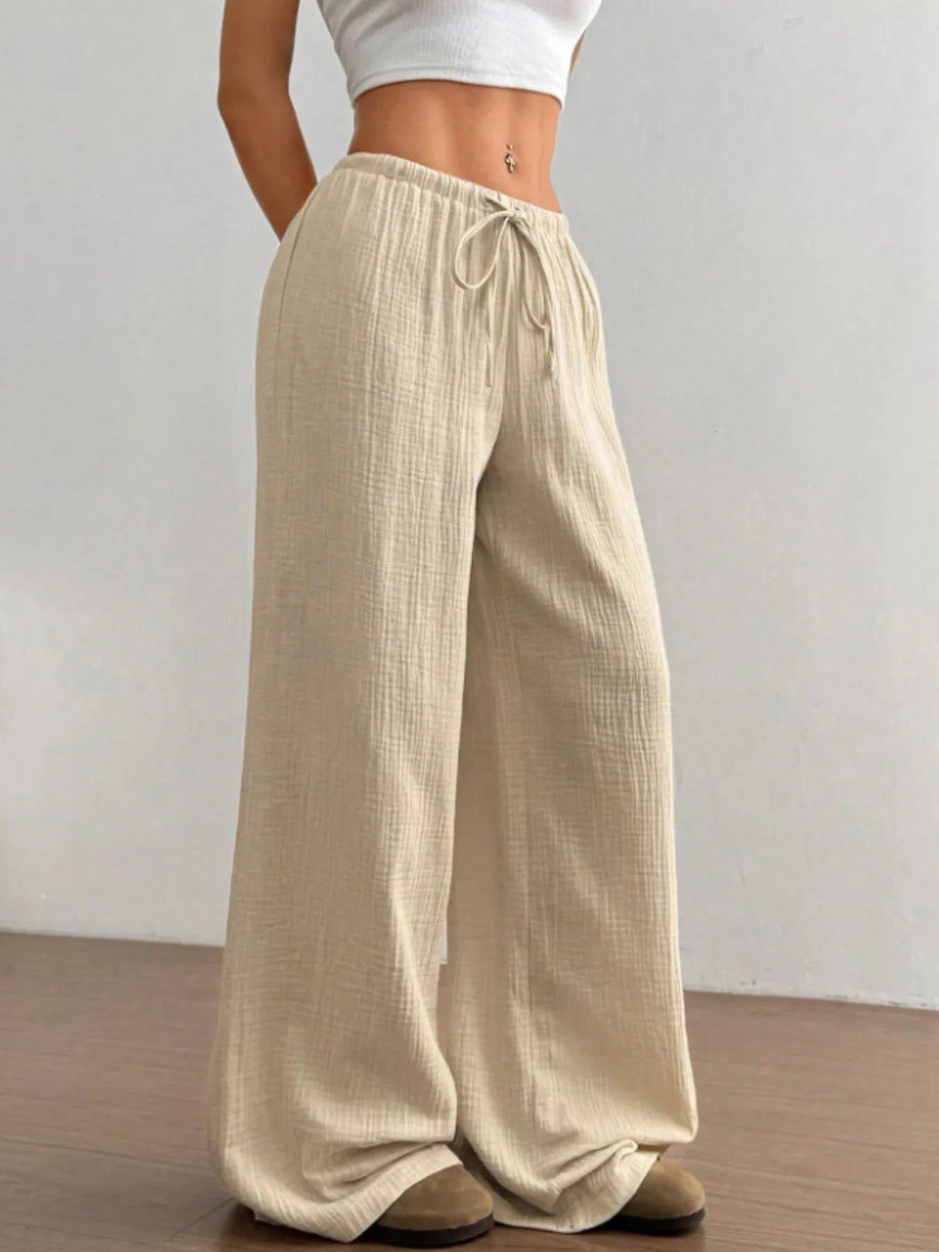 Wide Leg Drawstring Casual Pants | Trousers Wide Leg Pants Set from PHUNKYN