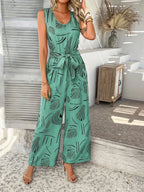 Devine Printed Round Neck Sleeveless Tie Waist Jumpsuit | One-Pieces Jumpsuit from PHUNKYN