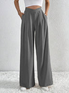 V-Waisted Ruched Front Wide Leg Pants | Trousers Wide Leg Pants from PHUNKYN