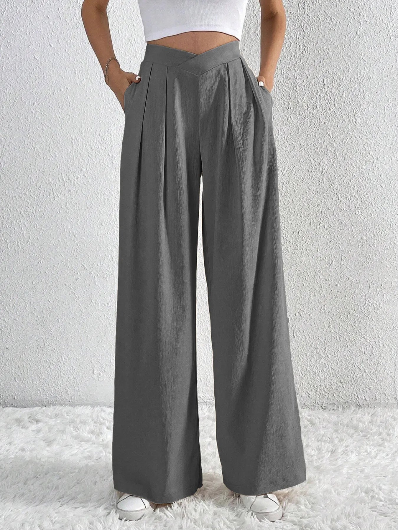 V-Waisted Ruched Front Wide Leg Pants | Trousers Wide Leg Pants from PHUNKYN