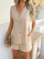 Devine Button Down V-Neck Tank and Shorts Set | Outfit Sets Top and Pants Set from PHUNKYN