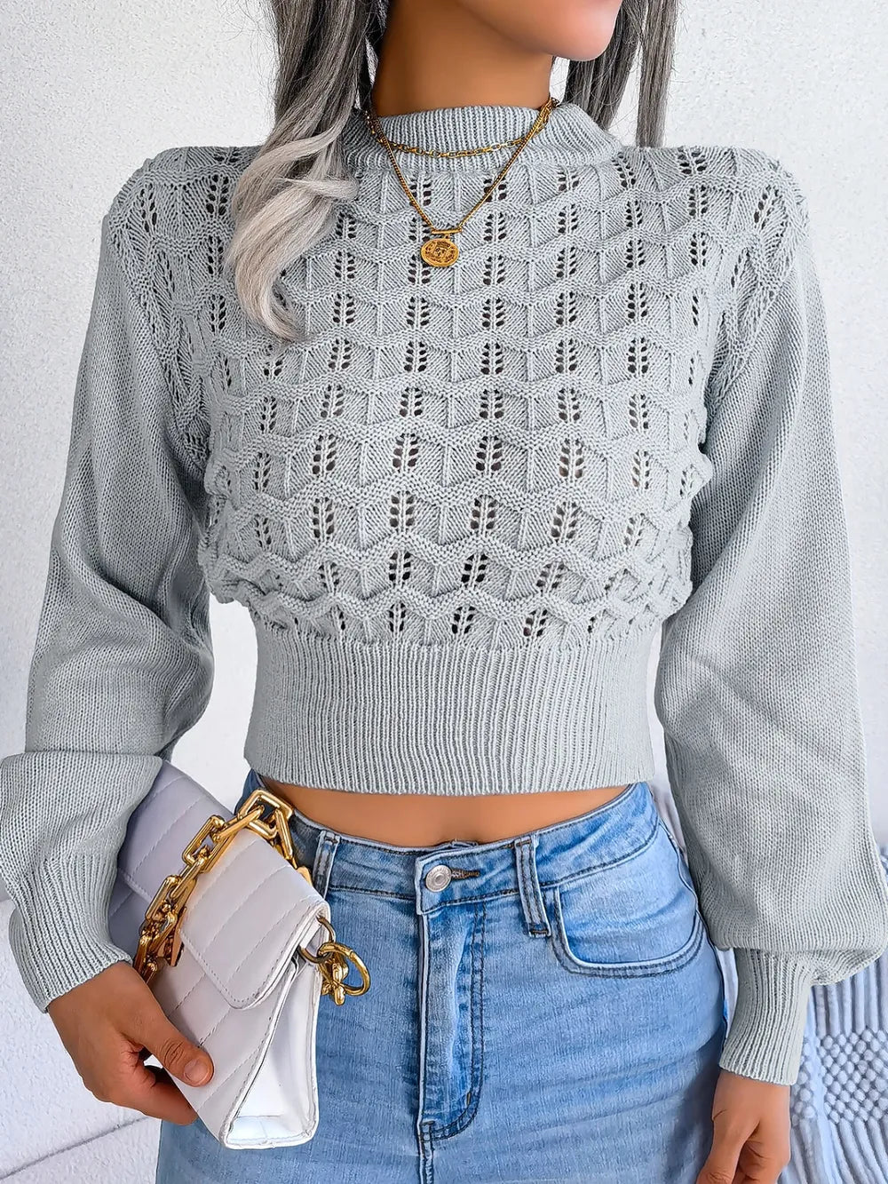 Openwork Mock Neck Long Sleeve Cropped Sweater | Sweaters Sweater from PHUNKYN