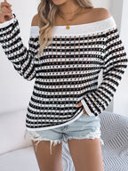 Openwork Striped Off-Shoulder Knit Top | Sweaters Sweater from PHUNKYN