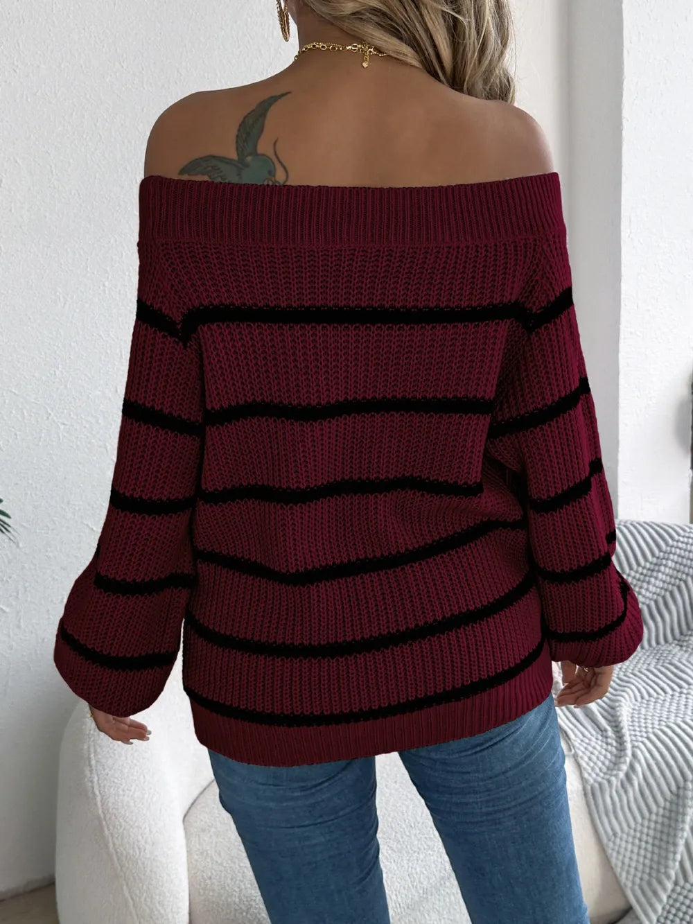 Striped Off-Shoulder Long Sleeve Sweater | Sweaters Sweater from PHUNKYN